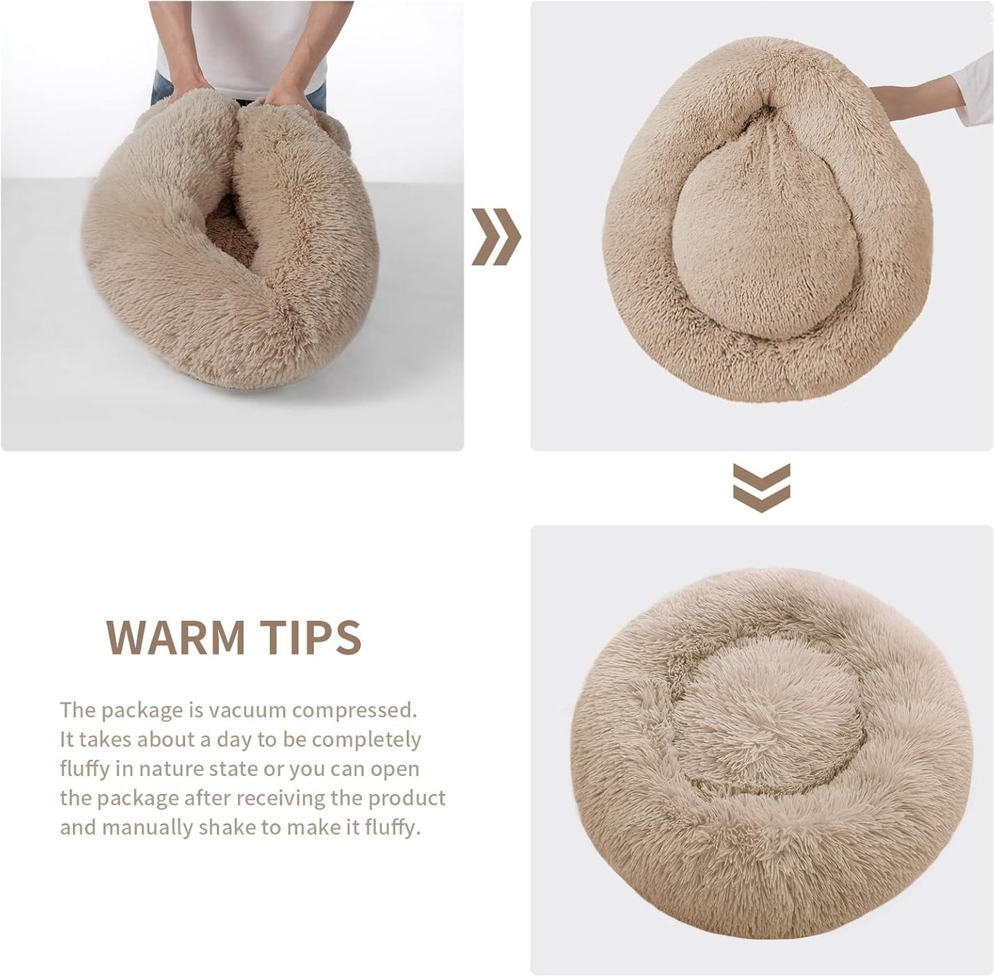Calming Dog Bed for Medium Dogs, anti Anxiety Donut Dog Bed, round Dog Bed for Puppy, Plush Faux Fur Dog Bed, Fluffy Dog Bed, Soft Fuzzy Pet Bed, Machine Washable, 23X23Inch Khaki